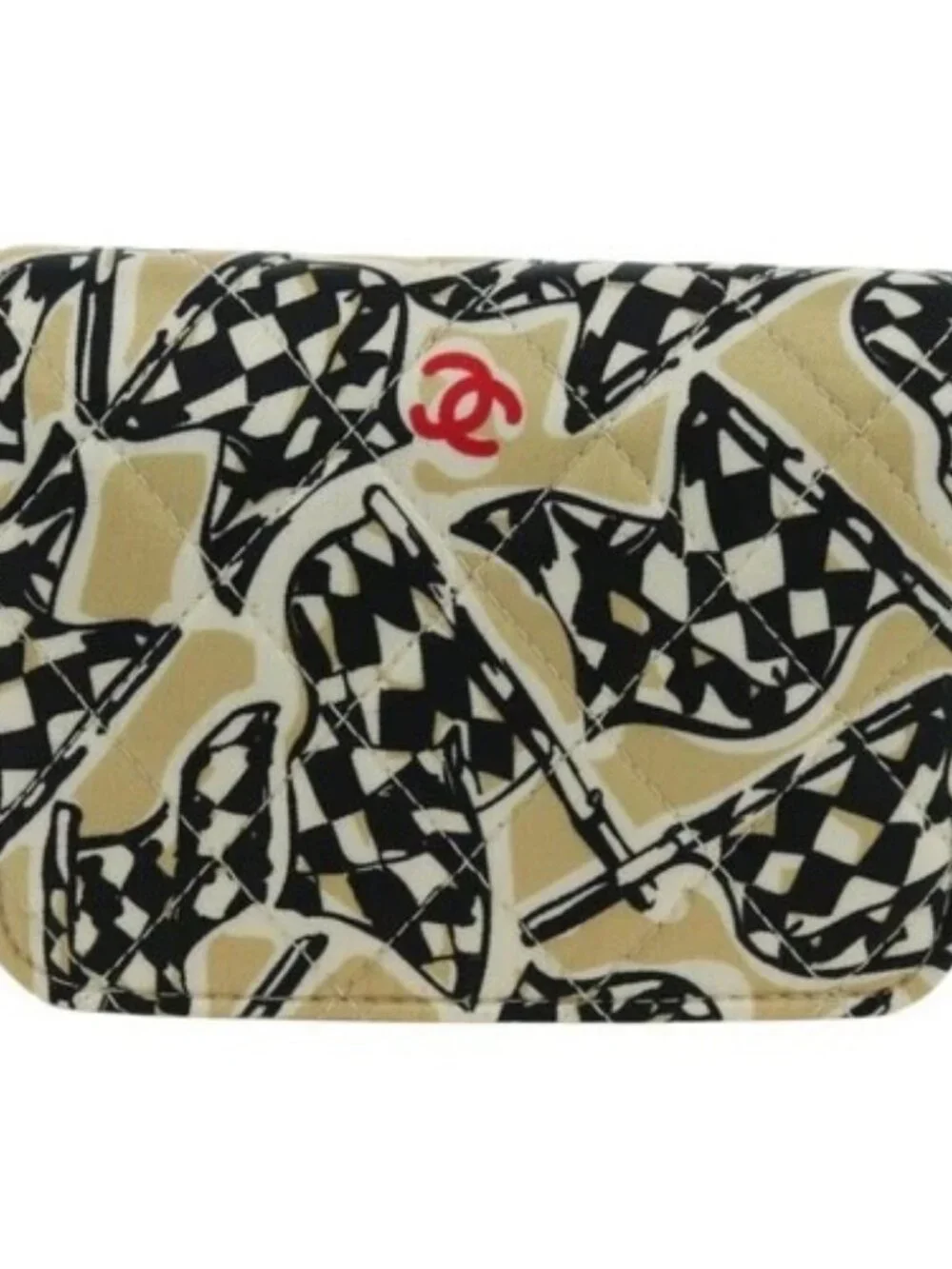 CHANEL Matelasse Checker Flag Chain Pouch Cotton Beige CC Auth YKZ1020SAM